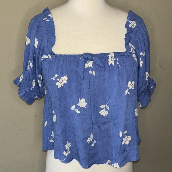 BILLABONG off the shoulder blue floral babydoll top cuffed sleeve in women’s S - Picture 8 of 10